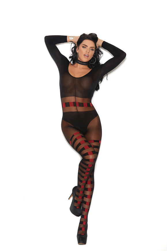 Sheer and opaque long sleeve bodystocking with horizontal stripes and open crotch. - WetKitty.love