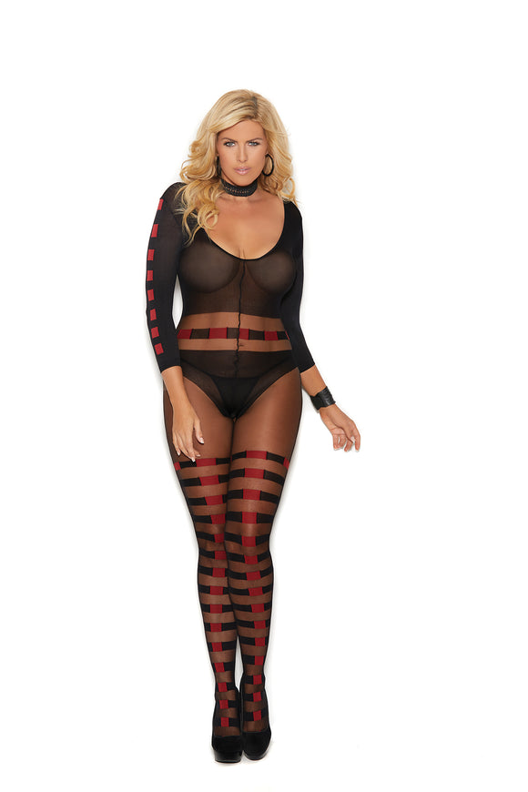 Sheer and opaque long sleeve bodystocking with horizontal stripes and open crotch PLUS SIZE - WetKitty.love