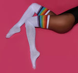 SPARKLE WHITE/MULTI-COLOR CABLE KNIT THIGH-HIGHS - WetKitty.love